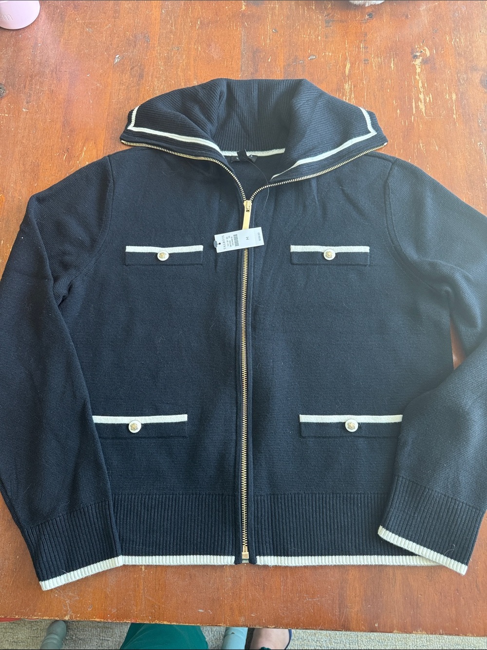 Talbots Black Zip Cardigan with Cream Trim and Gold Hardware